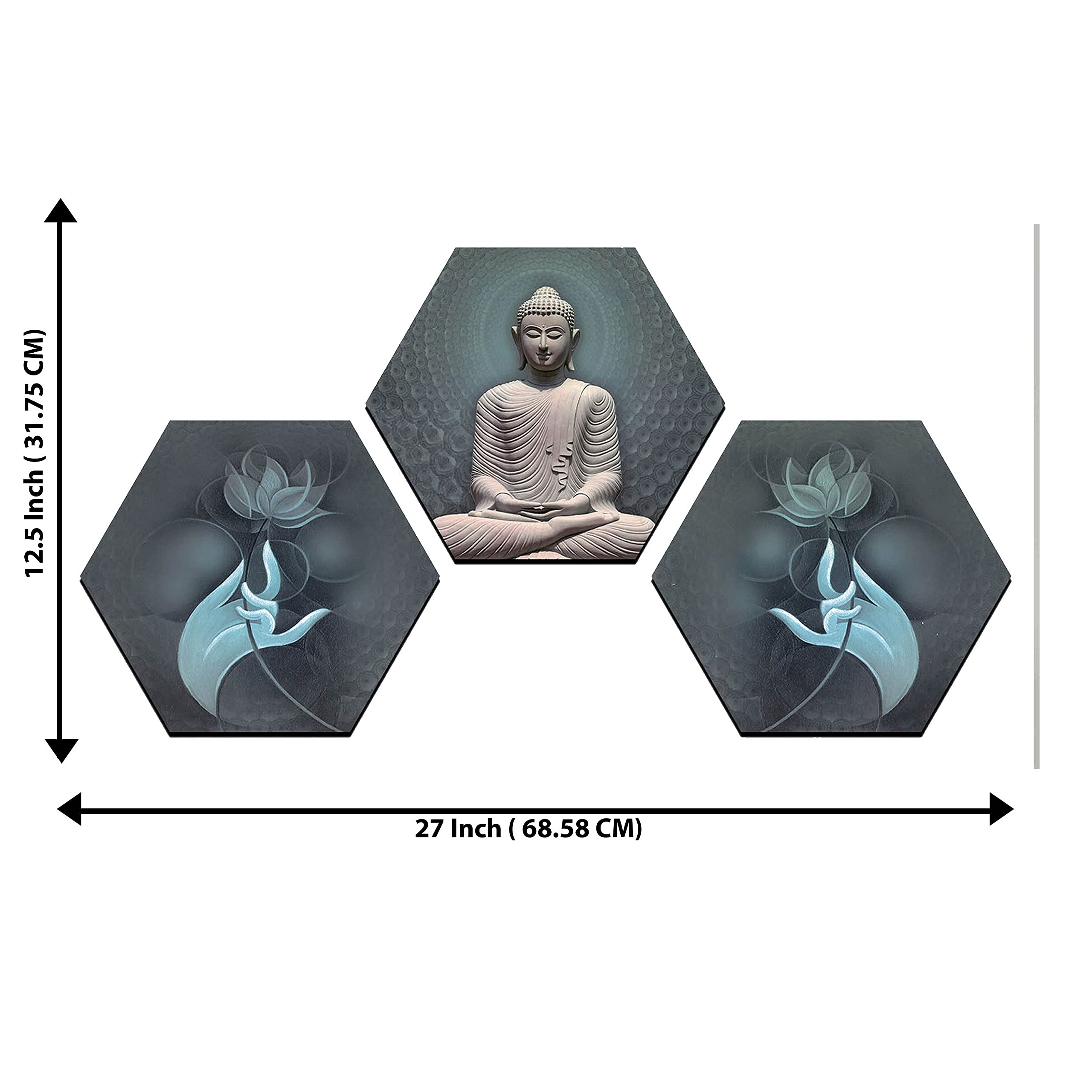 Indianara Set Of 3 Gautam Buddha Hexagon Pieces Mdf Painting (3634Hex) Without Glass (17 Inch X 17 Inch)( Multicolor3634Hex)